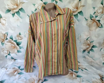 90s Vintage Cotton Women Mustard Striped Blouse/Shirt Long Sleeve. Size 2XL-3XL.