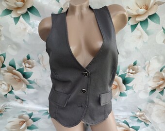 90s Vintage Womens Black Gray Pinstriped Formal Button Down Waistcoat /Vest. Size S-M.