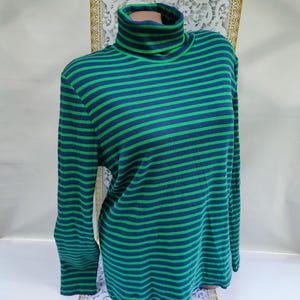90s Vintage Striped Turtleneck Top: Blue Green Ribbed Cotton, Size XL