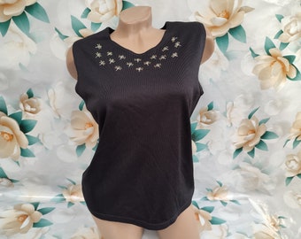 90s Vintage women's black top/tank top with rhinestones. Size L.