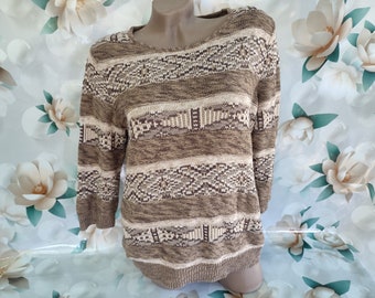 Suéter vintage de punto color beige para mujer, estilo años 90. Manga tres cuartos. Talla M-L.