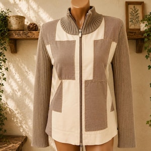 90s Women's Cardigan Patchwork Colorblock Ribbed Knit Zipper Sweater Jacket. Size M-L.