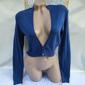 90s Vintage Cotton Women&#39;s Navy Blue V-Neck Crop Cardigan Long Sleeve. Size S-M.