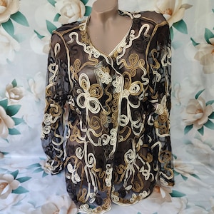 90s Vintage Viscose Women&#39;s Black Beige transparent Cape/Bolero Abstract Print Long Sleeve. Size L-XL.