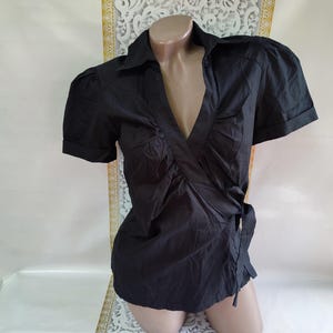 90s Vintage Cotton Women&#39;s Black Wrap Blouse/Shirt Short Sleeve. Size XS-S.