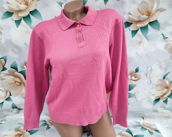 Suéter/jersey recortado de color rosa polvoriento para mujer de lana vintage de Alemania de los años 90 con cuello de manga larga. Talla M-L.