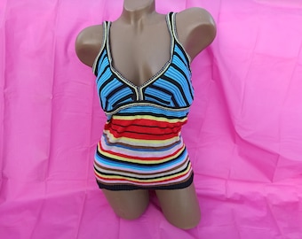 90s Vintage bright color knitted striped top. Summer colored top with spaghetti straps. Size S-M.