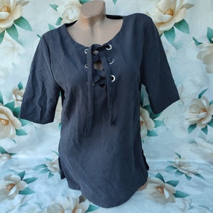 90s Vintage Cotton Womens Black Tie Top Kurzarm. Grösse M.