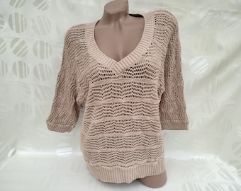 90s Vintage Women Beige Mesh Sweater/Pullover V-Neck Half Sleeve. Size M-L.