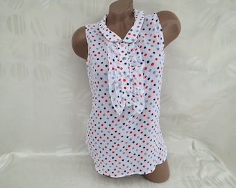90s Vintage Cotton Womens White Top/Blouse Jabot Collar Polka Dot Sleeveless. Size M.