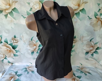 90s Vintage Womens Black Shirt/Top Sleeveless Leopard Print Back. Size M.