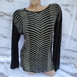 90er Jahre Vintage Damen Schwarzes Abstraktes Oberteil mit Glänzenden Langen Ärmeln. Größe M-L.