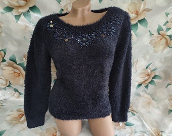 90s Vintage Womens Black Shaggy Sweater/Pullover Rhinestone Long Sleeve. Size M-L.