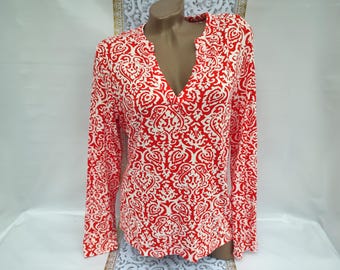 90s Vintage Viscose Women's Red Abstract V-Neck Top Long Sleeve. Size L-XL.