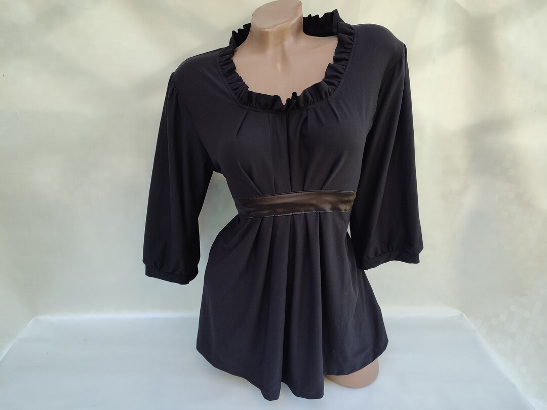 90s Vintage Womens Black Ruffle Blouse/top With Drawstrings Half Sleeve ...
