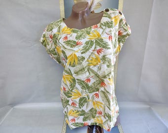Y2k Linen Cotton Women's Tropical Print Sleeveless Top. Size L.