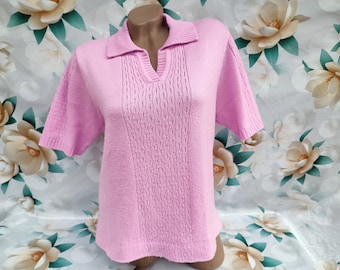 90s Vintage mujer rosa punto top/camiseta cuello manga corta. 100% acrílico. Talla M-L.