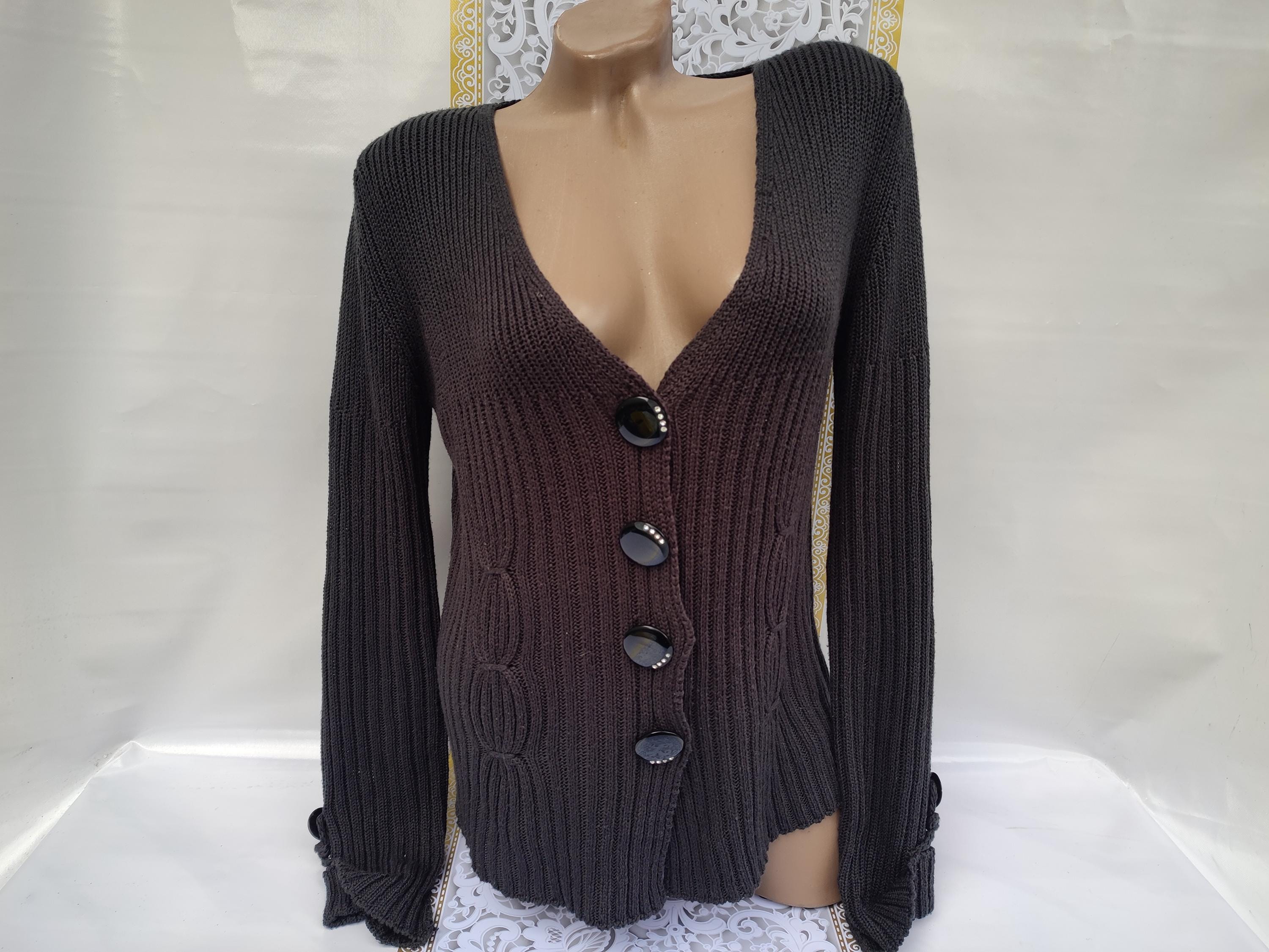 【Vintage】90s 00s Vneck Black Knit 90s Vintage Women's Black V-neck Cardigan Buttoned Long Sleeve