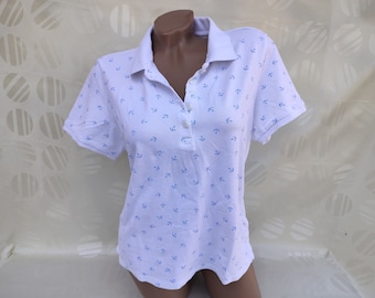 T-shirt polo da donna vintage anni '90 in cotone bianco con stampa nautica e ancore. Taglia M-L.