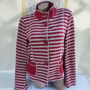 90s Vintage Cotton Women&#39;s Red Striped Collar Cardigan With Button Pockets Long Sleeve. Size S-M.