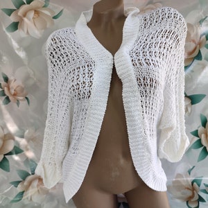 90s Vintage openwork women&#39;s white knitted cardigan oversized. Size M-L-XL. 100% acrylic.