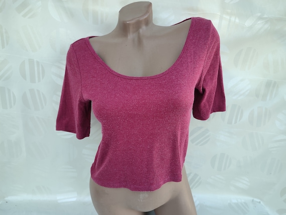 Haut côtelé fuchsia/Crop Top vintage des années 90 pour femme à manches  Taille