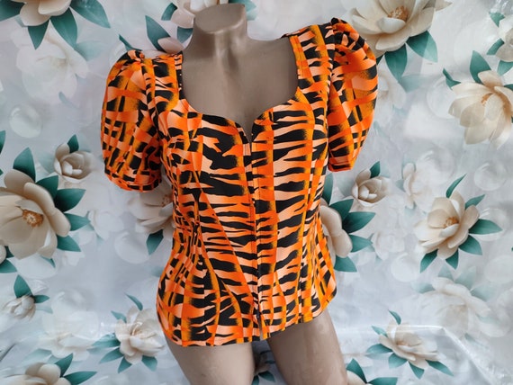 90s Vintage Women's Orange Tiger Blouse/Top Short… - image 1