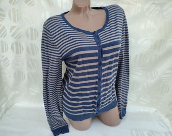 90s Vintage Women Spring Short Blue Gray Striped Cardigan Button Long Sleeve. Size S-M.
