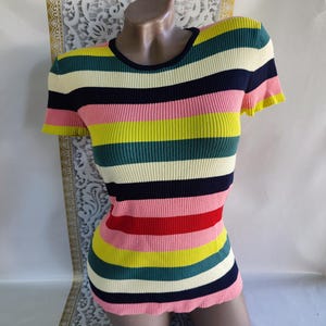 90s Vintage Women&#39;s Multicolor Striped Ribbed Top/Tee Short Sleeve. Size S-M.