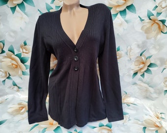 Cardigan noir côtelé en coton vintage des années 90 pour femmes à col ouvert et manches longues. Taille XL-2XL.