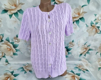 90s Vintage women's lilac knitted cardigan with eyelets braid pattern short sleeve. Size M-L.