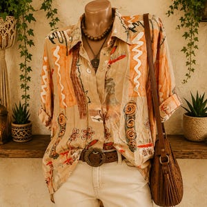 May include: A long-sleeved button-down shirt in a light tan hue featuring an abstract print with orange, brown, and white shapes, swirls, and floral motifs. The shirt is worn with a brown leather belt and a matching brown leather shoulder bag.