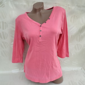 90s Vintage Cotton Women&#39;s Basic Pink V-Neck Top/Tee Half Sleeve. Size L.