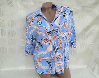 90s Vintage Womens Blue Hawaiian Shirt/Blouse Oversized Short Sleeve. Size S-M.