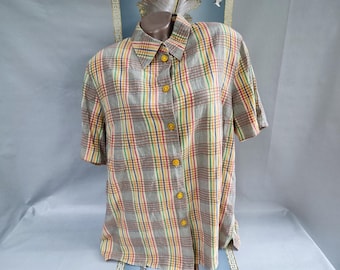 90s Women's Cotton Multicolor Check Short Sleeve Blouse. Sizes 2XL-3XL.