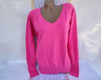 Bluzka damska z długim rękawem i różowym dekoltem w serek, w stylu vintage z lat 90., bawełniana. Rozmiar L-XL.