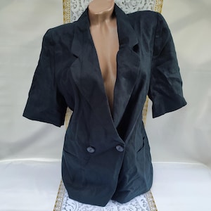 90s Vintage Linen Women&#39;s Black Double Breasted Half Sleeve Blazer. Size S-M.