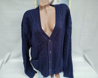 90s Wool Blue Grandpa Cardigan V-Neck. Sizes L-XL.