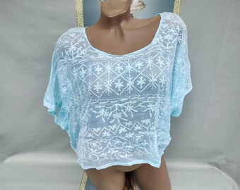 90s Viscose Women's Light Blue Crop Top Oversized Sleeveless. One Size.