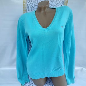 90s Vintage Cotton Women&#39;s Light Blue V-Neck Sweater Long Sleeve. Size L-XL.