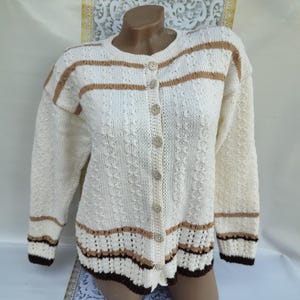 90s Vintage Wool Hand Knit Women&#39;s Short White Striped Cardigan Buttoned Long Sleeve. Size M-L.