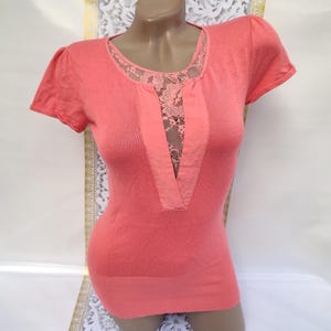 90s Vintage Silk Viscose Knit Top: Pink Lace Insert, Size XS-S