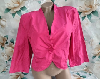 Jaren '90 Vintage Dames Roze Nylon Bijgesneden Bolero Halve Mouw. Maat L-XL.