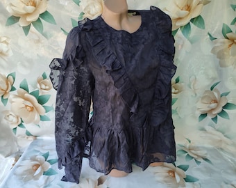 90s Vintage Women's Black Ruffle Long Sleeve Blouse. Size M.
