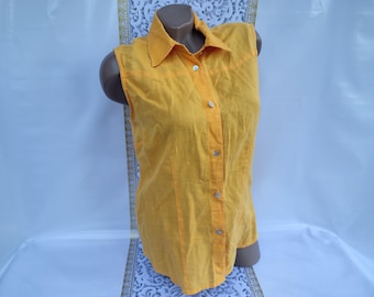 90s Vintage Linen Cotton Women's Yellow Sleeveless Blouse/Shirt. Size M-L.