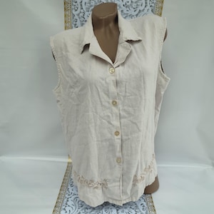 90s Vintage Linen Viscose Women&#39;s Cream Top/Blouse Embroidery Sleeveless. Size XXL.