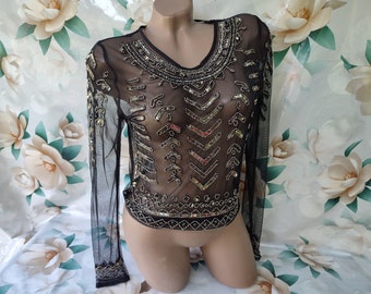 90s Vintage Womens Black Transparent Blouse/Top Embroidered with Rhinestones and Beads Long Sleeve. Size XS-S.