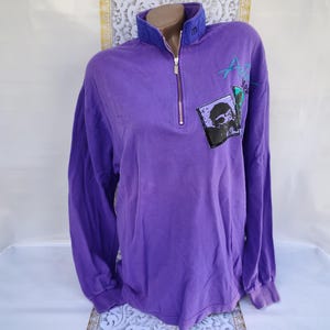 90s Vintage Cotton Purple Oversized Sweatshirt With Collar Long Sleeve. Size M-L.
