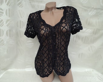 90s Vintage Womens Black Transparent Lace Blouse Short Sleeve. Size M-L.