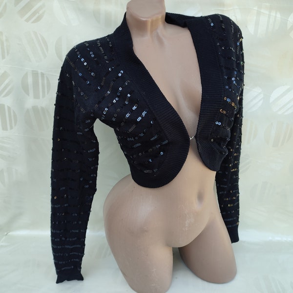 90s Vintage Women Black Dressy Crop Sequin Bolero Long Sleeve. Size S-M.